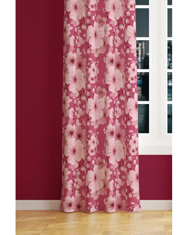 Pink Flower 2 Patterned Suede Living Room Decorative Curtain Printed Pencil Pleat - Single Panel - PRD-1041-TK