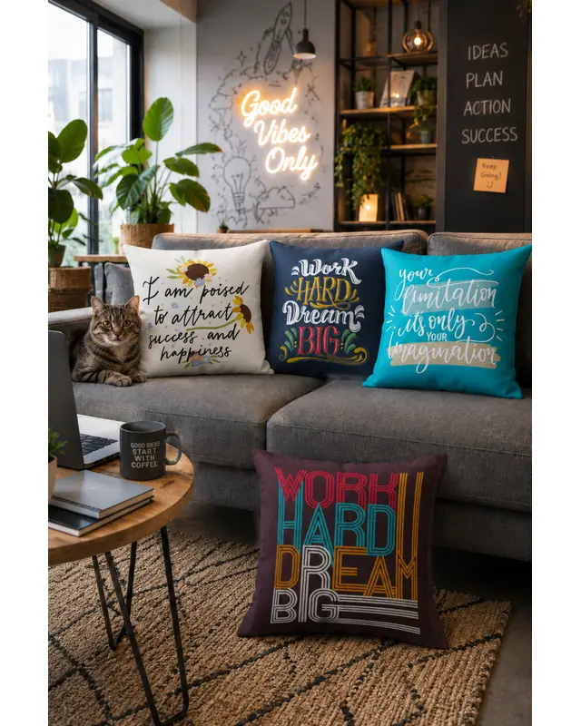 Çift Tarafı Baskılı Motivation Type Desenli 4'lü Kombin Süet Kırlent Kılıfı