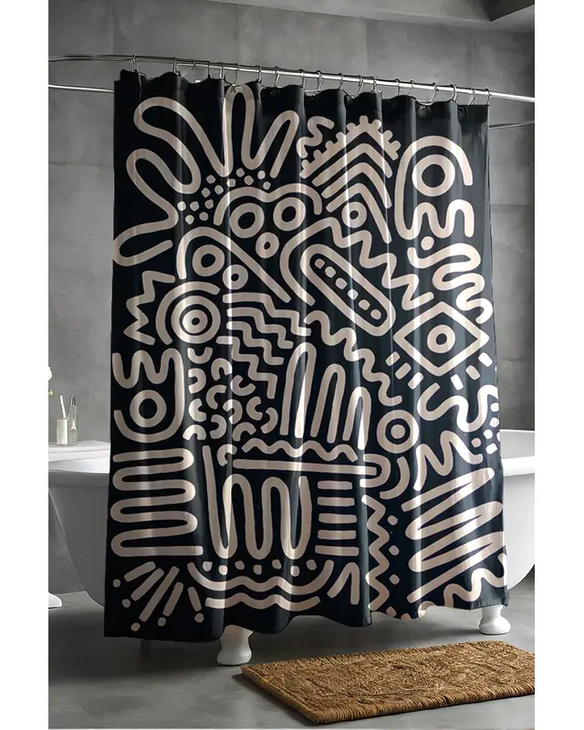 Banyo Perdesi, Ritmik İzler Desenli Duş Perdesi, Küvet Perdesi, Halka Hediyeli 175x200cm BP-91 - 2