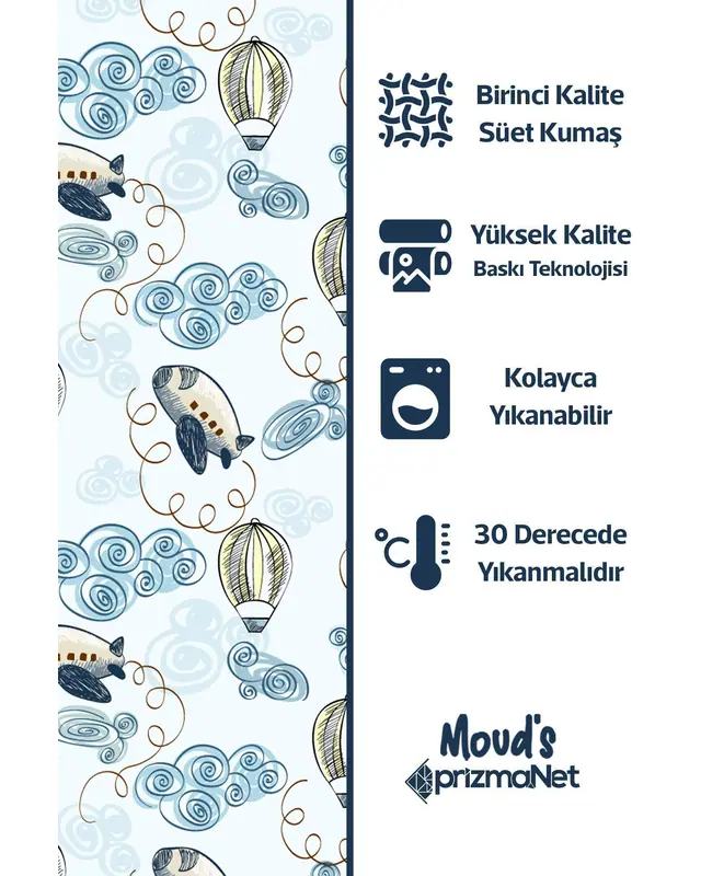 Blue Aircraft Patterned Decorative Curtain Kids' and Baby Room Digital Printed Suede Pencil Pleat - Single Panel - PRD-19-TK - 6