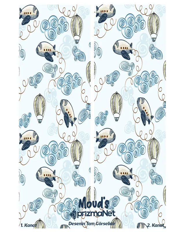 Blue Aircraft Patterned Printed Kids' and Baby Room Decorative Curtain - Set of 2 Panels - PRD-19 - 3
