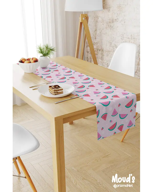 Pembe Karpuz ve Çilek Desenli Baskılı Süet Runner Masa Örtüsü