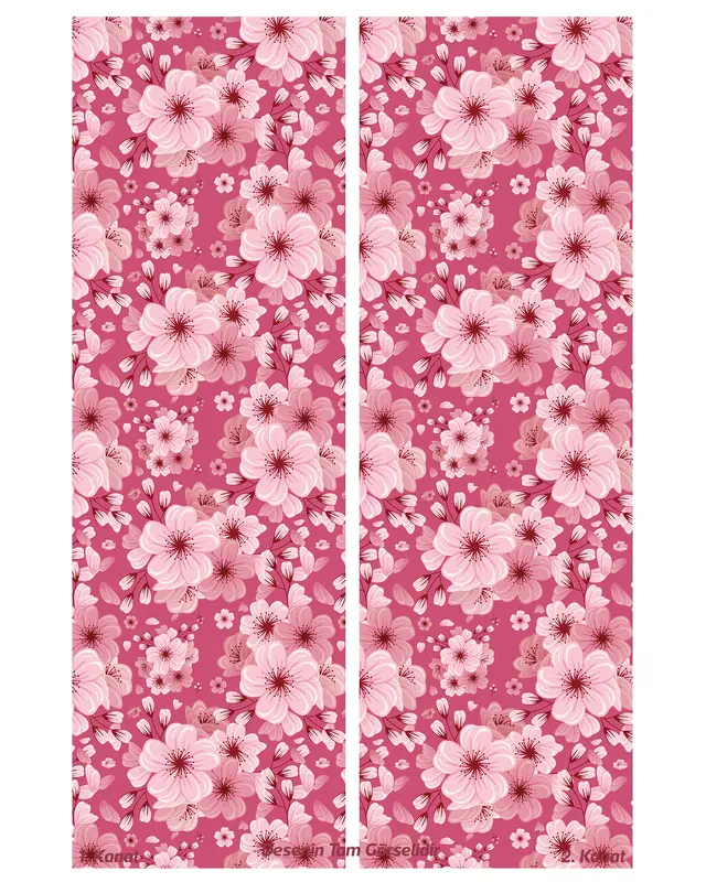 Pembe Çiçek 2 Desenli Süet Oturma Odası Salon Fon Perde Baskılı Ekstrafor Büzgü 2 Kanat PRD-1041 - 3