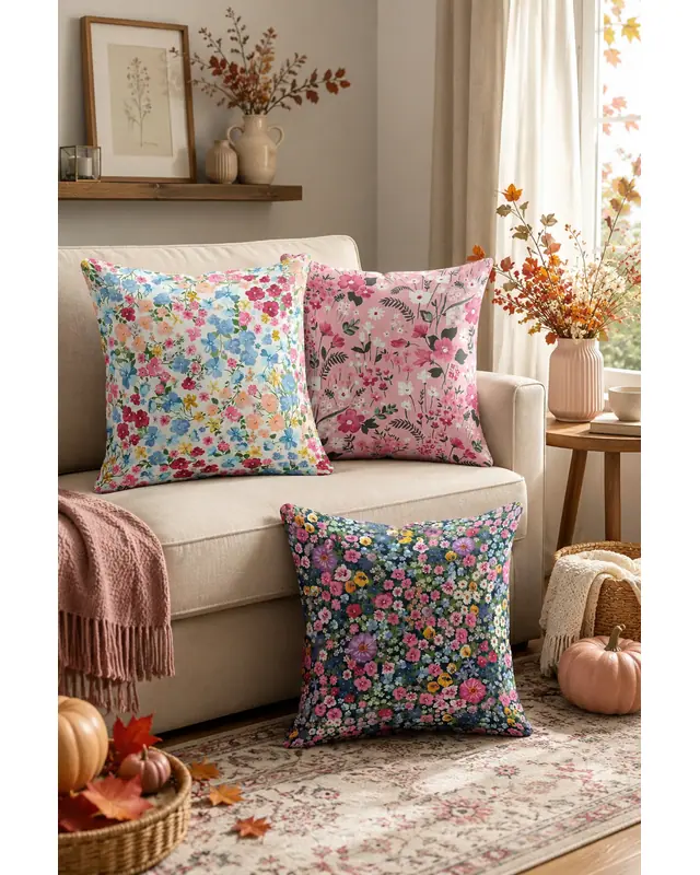 Double-Sided Printed Pastel Flower Pattern Set of 3 Coordinated Suede Cushion Cover - 7