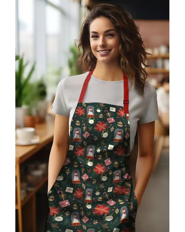 Green Christmas Patterned Kitchen Apron, Chef Apron, Waiter Apron, Restaurant Apron - MTF-77 - 2