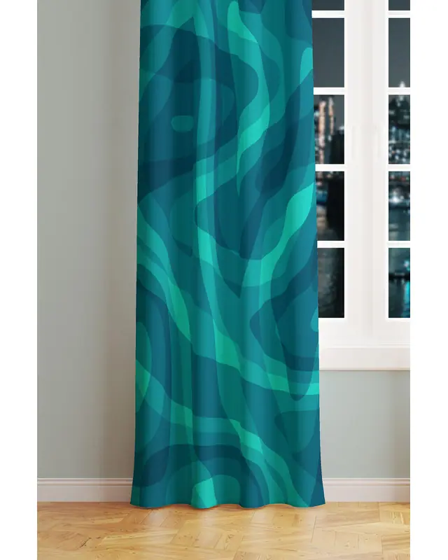 Light Blue Wave Patterned Suede Living Room Decorative Curtain Printed Pencil Pleat - Single Panel - PRD-1002-TK - 2