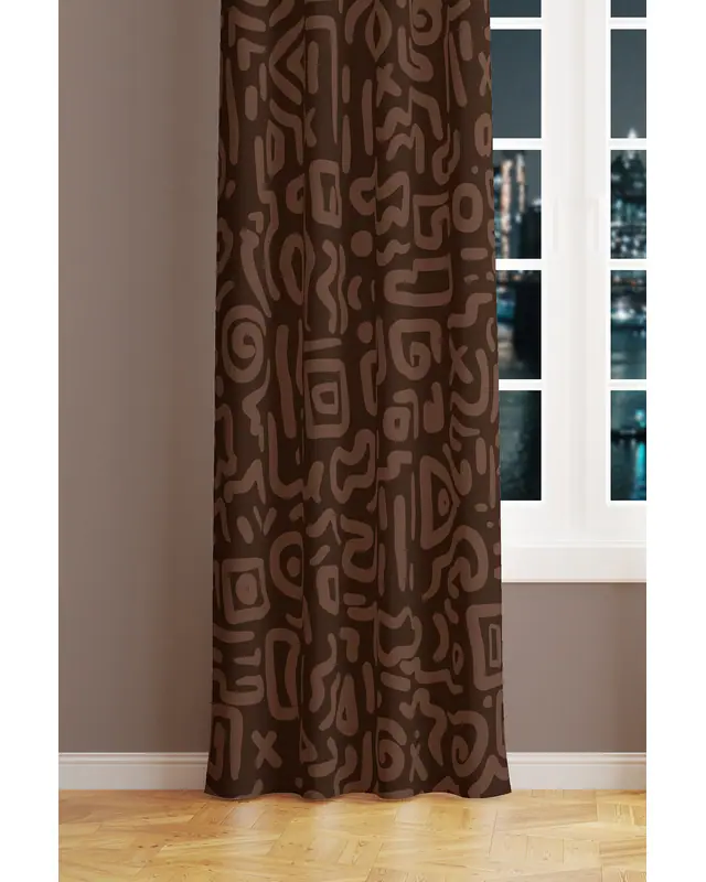 Brown Symbols Patterned Suede Living Room Decorative Curtain Pencil Pleat - Single Panel - PRD-1077-TK