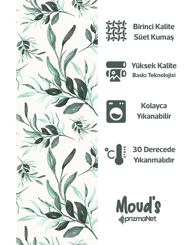 Su Yeşili Floral Dalları Pattern Printed Suede Table Runner - 2