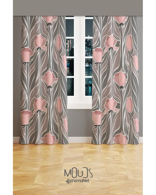 Mirror Flowers 1 Patterned Suede Living Room Salon Decorative Curtain Printed Pencil Pleat - Set of 2 Panels - PRD-1063 - 2