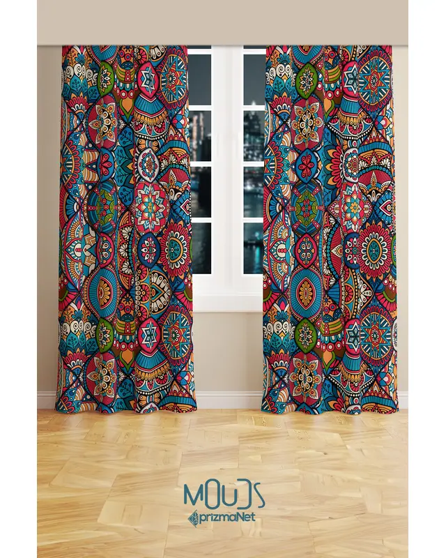 Anatolia 10 Patterned Suede Living Room Decorative Curtain Printed Pencil Pleat Body - Set of 2 Panels - PRD-1101 - 2
