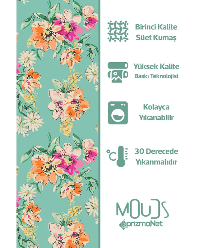 Old Flowers Pattern 4 Desenli Süet Oturma Odası Salon Fon Perde Ekstrafor Büzgü 2 Kanat PRD-1034 - 6