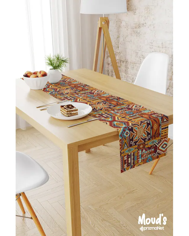 Etnik Kilim Desenli Baskılı Süet Runner Masa Örtüsü