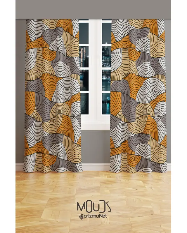 Orange Grey Line Patterned Suede Living Room Salon Decorative Curtain Printed Pencil Pleat Body - Set of 2 Panels - PRD-1062