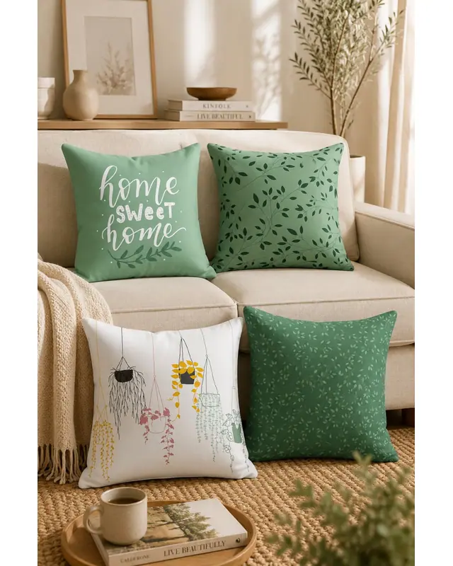 Double-Sided Printed Green Sweet Home Series Pattern Set of 4 Coordinated Suede Cushion Cover - PLG204 - 8