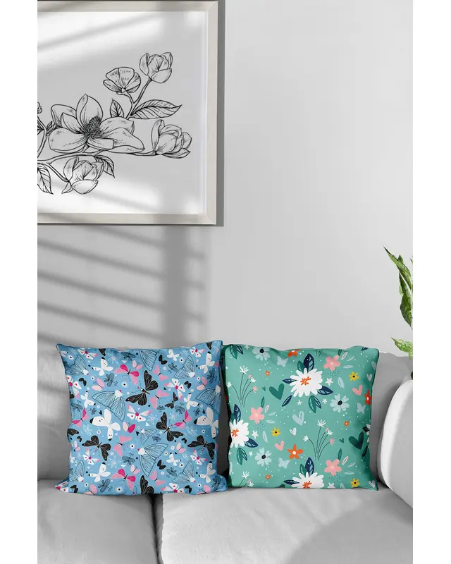 Green Blue Flowers Pattern Double-Sided Printed Single Cushion Cover - 2