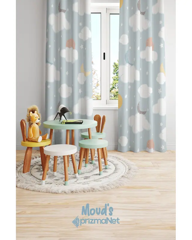 Ay ve Bulut Desenli Baskılı Çocuk ve Bebek Odası Fon Perdesi 2 Kanat - PRD-21 - 2