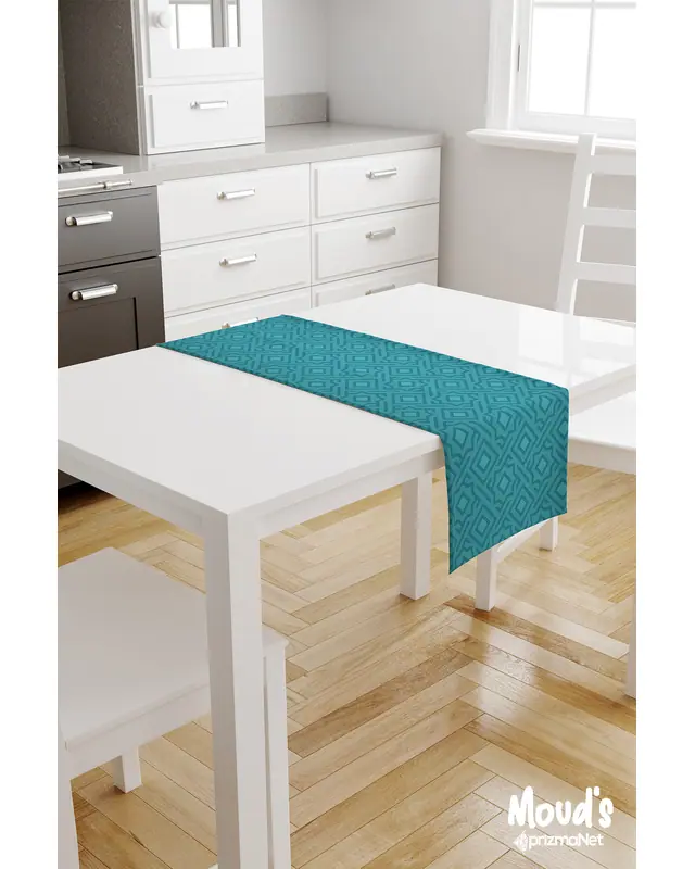 Turquoise Beşgen Pattern Printed Suede Table Runner - 2