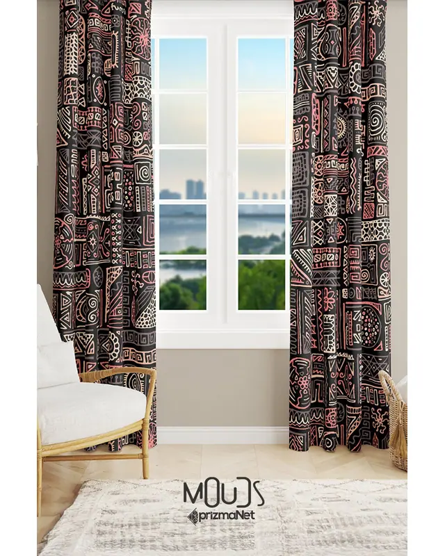 Hitit Figure Desenli Süet Oturma Odası Salon Fon Perde Baskılı Ekstrafor Büzgü 2 Kanat Prd-1013