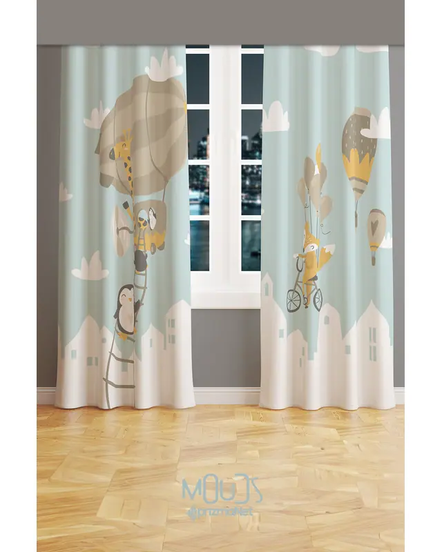 Flying Animals Patterned Decorative Curtain Kids' and Baby Room Printed Suede Pencil Pleat Off-Bridge - Set of 2 Panels - PRD-61 - 3