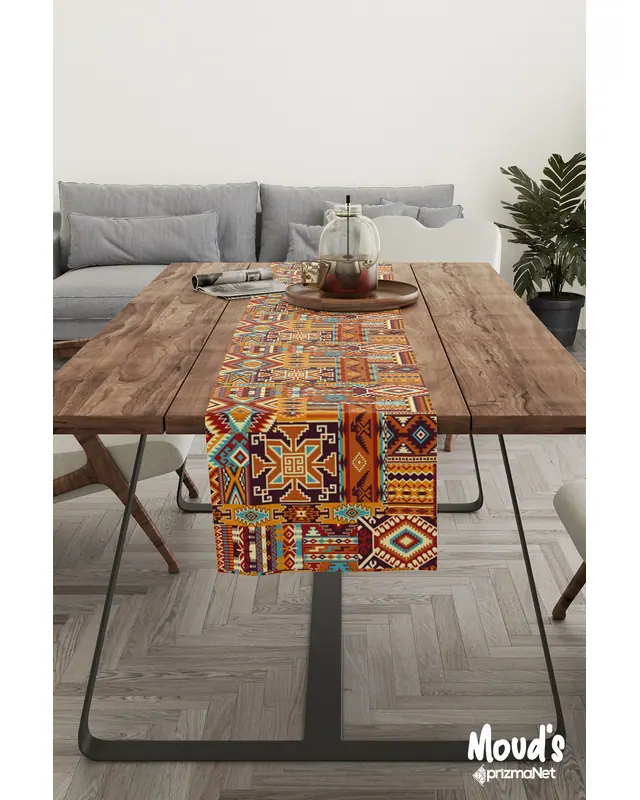 Ethnic Kilim Pattern Printed Suede Table Runner - 2