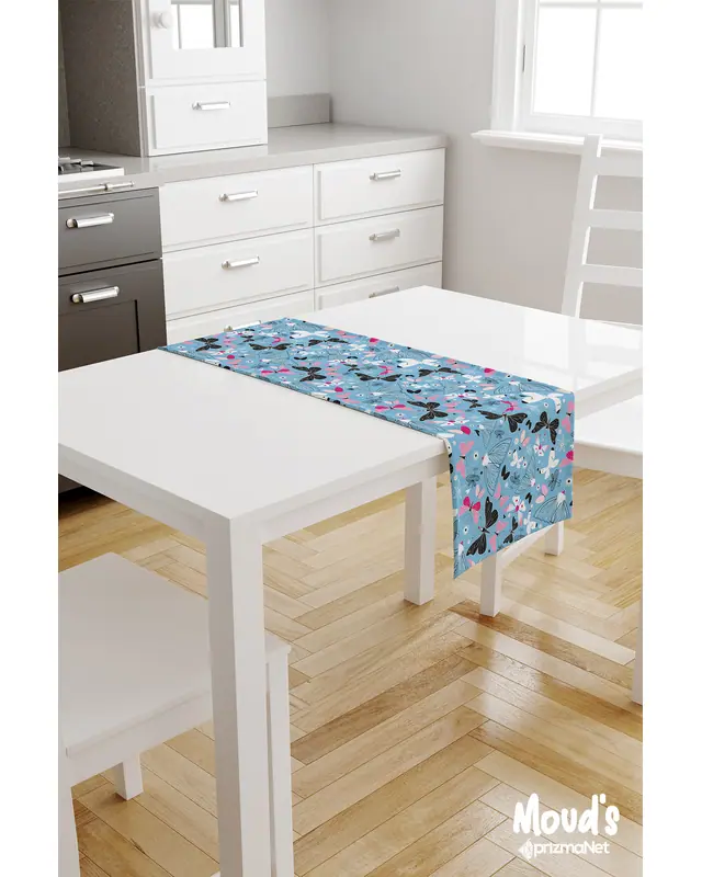 Blue Butterflies Pattern Printed Suede Table Runner - 2