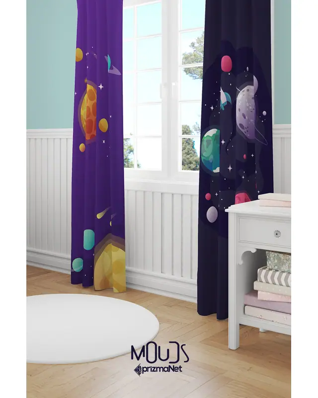 Purple Space Patterned Decorative Curtain Kids' and Baby Room Printed Suede Pencil Pleat - Set of 2 Panels - PRD-59 - 2