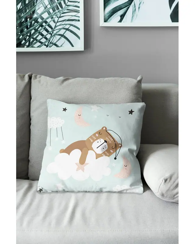 2'li Sleepy Ayıcık Pattern Double-Sided Printed Suede Cushion Cover Set - 4