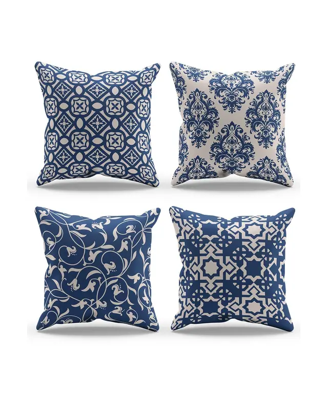 Double-Sided Printed Navy Vintage Pattern Set of 4 Coordinated Suede Cushion Cover - 3