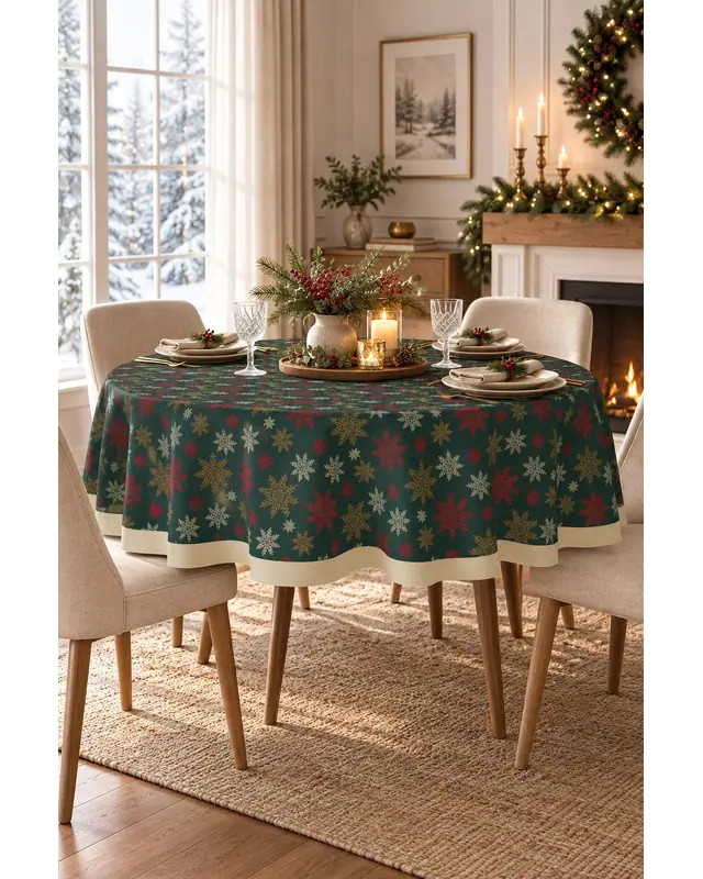 Dark Green Snowflakes Christmas Round Easy-Care Suede-Feel Tablecloth - MSY-275
