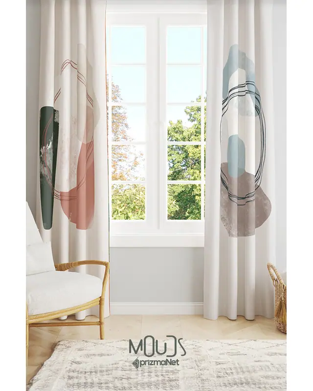 Soft Oval Desenli Süet Oturma Odası Salon Fon Perde Baskılı Ekstrafor Büzgü 2 Kanat PRD-1111