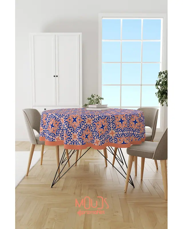Navy Blue Rose Ornament Islamic Round Easy-Care Suede-Feel Tablecloth - MSY-236 - 2