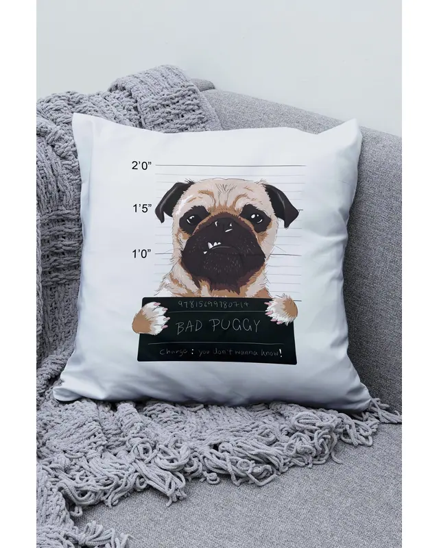 Çift Tarafı Baskılı Bad Puggy Köpek Desenli Süet Kırlent Kılıfı - PL773 - 2