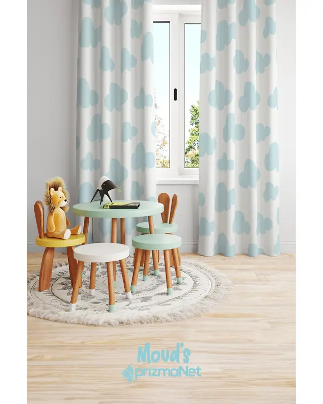 Blue Cloud Patterned Printed Kids' and Baby Room Decorative Curtain - Set of 2 Panels - PRD-06 - 2