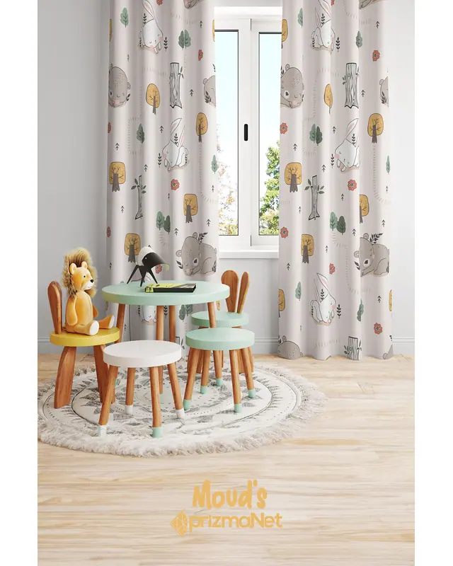 Rabbit and Bear Patterned Printed Kids' and Baby Room Decorative Curtain - Set of 2 Panels - PRD-04 - 2