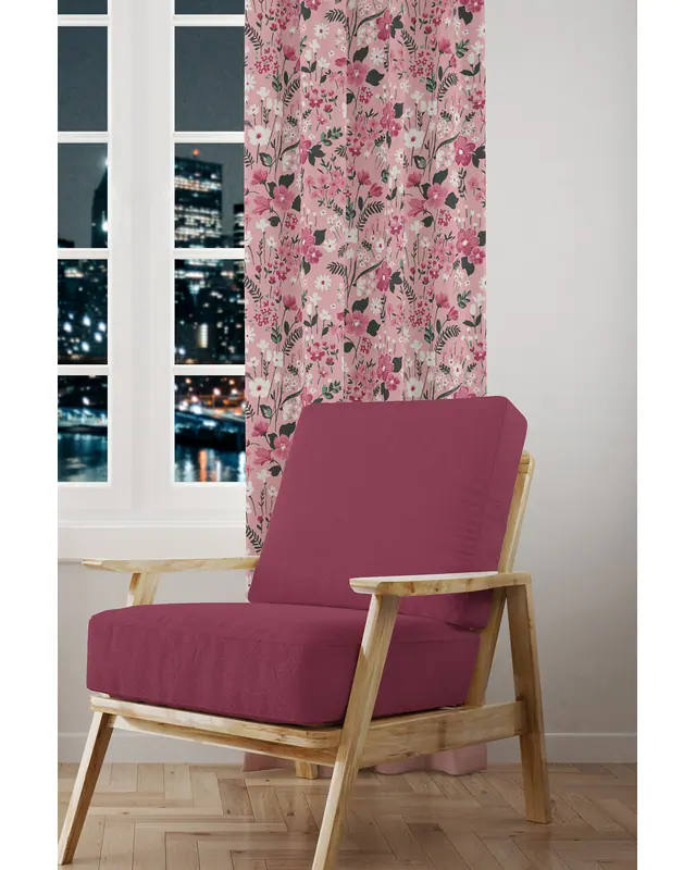 Pink Floral Patterned Suede Living Room Decorative Curtain Printed Pencil Pleat - Single Panel - PRD-1022-TK