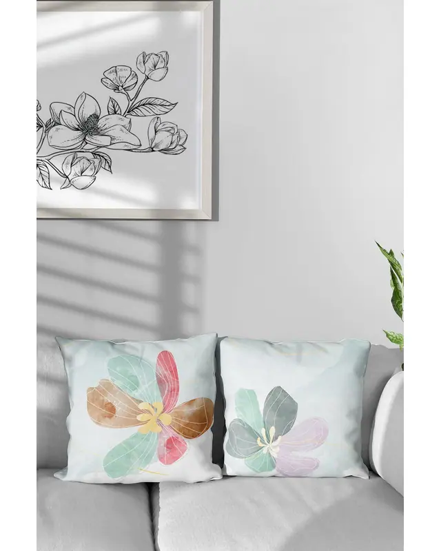 Double-Sided Printed Pastel Flower-2 Pattern Set of 4 Coordinated Suede Cushion Cover Şık Salon Dekoru - 5