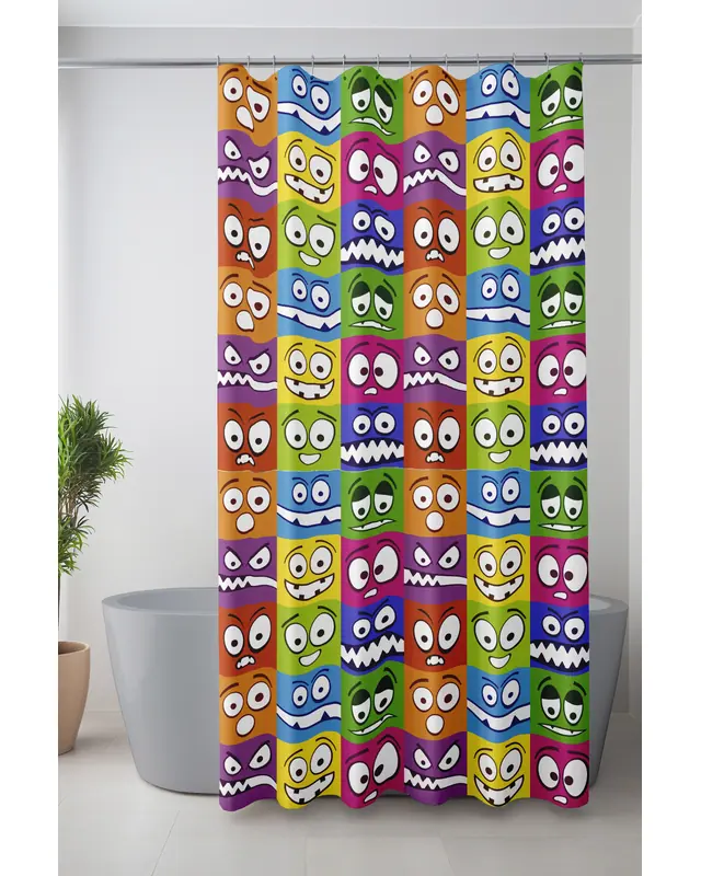 Banyo Perdesi, Funny Face Desenli Duş Perdesi, Küvet Perdesi, Halka Hediyeli 175x200cm BP-54