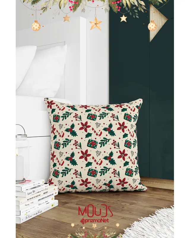 Double-Sided Printed Krem Kokina Çiçeği Christmas Pattern Cushion Cover Suede New Year - PL1134 - 2