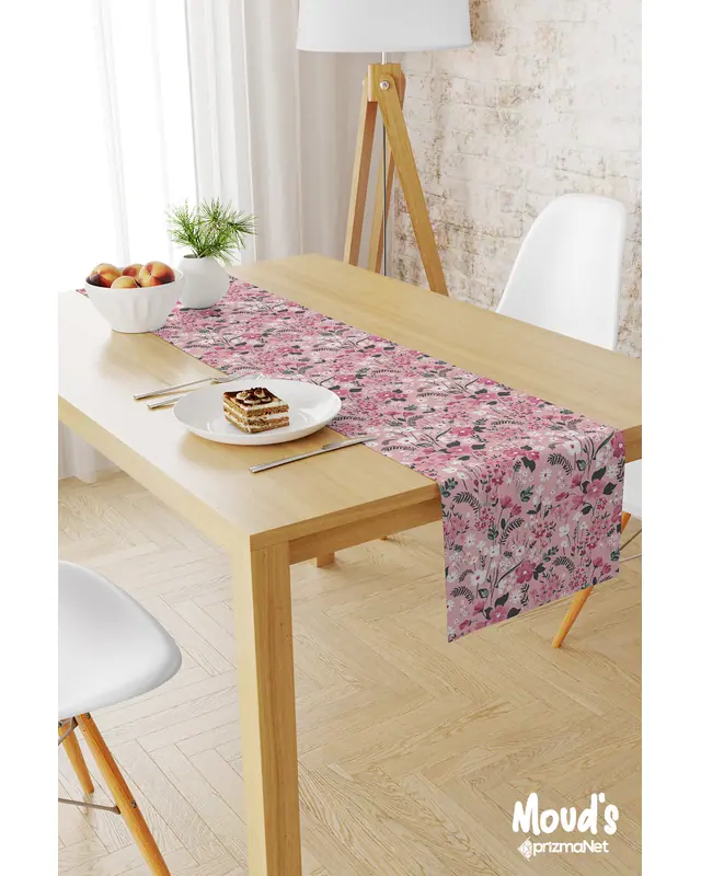 Pembe Pastel Çiçek Desenli Baskılı Süet Runner Masa Örtüsü
