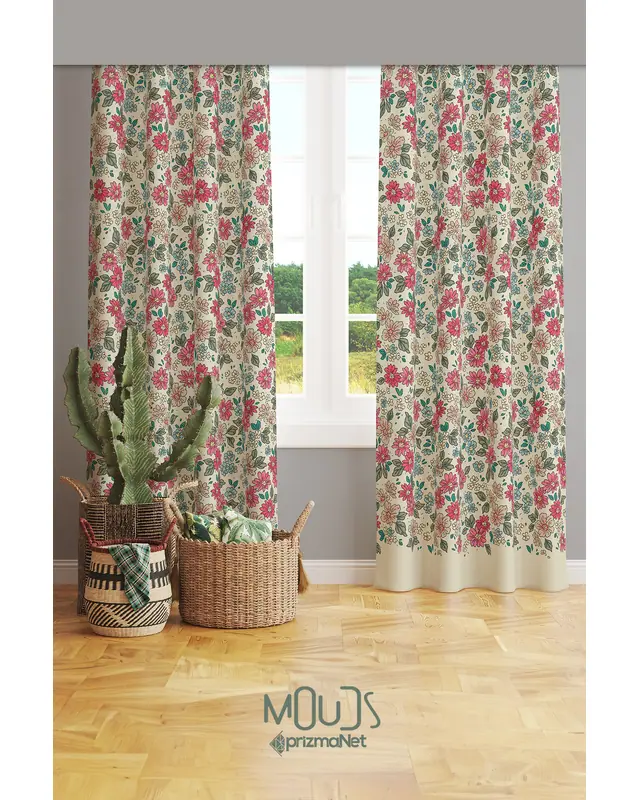 Retro Çiçek Desenli Süet Oturma Odası Salon Fon Perde Baskılı Ekstrafor Büzgü 2 Kanat PRD-1038