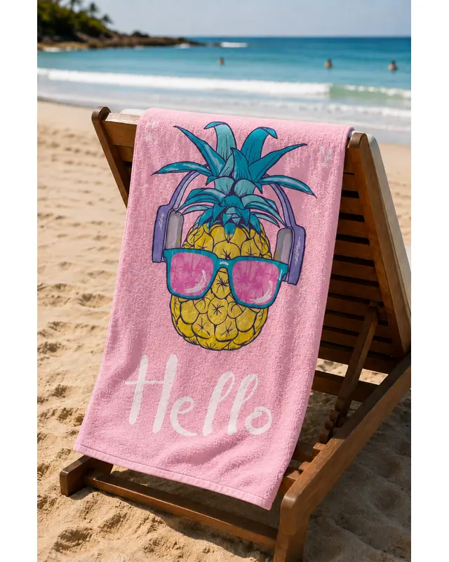 Dijital Baskılı 70x150cm Pembe Ananas Desenli Plaj Havlusu - Banyo Havlusu - Deniz Havlusu