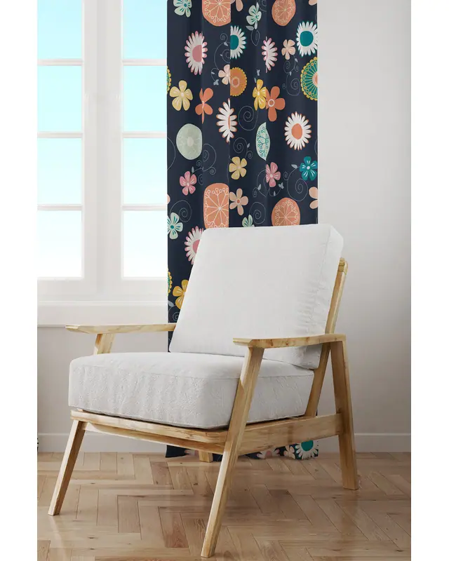Navy Floral Patterned Suede Living Room Decorative Curtain Printed Pencil Pleat - Single Panel - PRD-1021-TK - 2