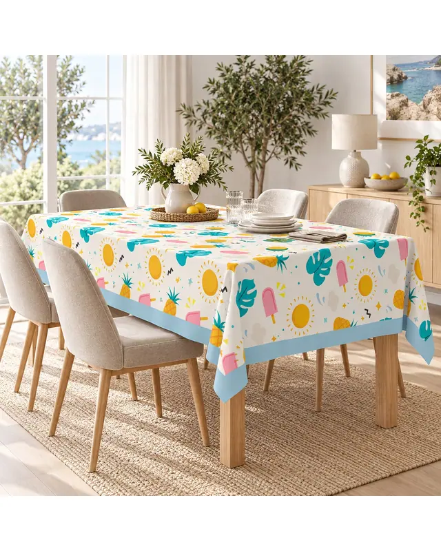 Krem Ananas ve Dondurma Desenli Süet Dertsiz Masa Örtüsü