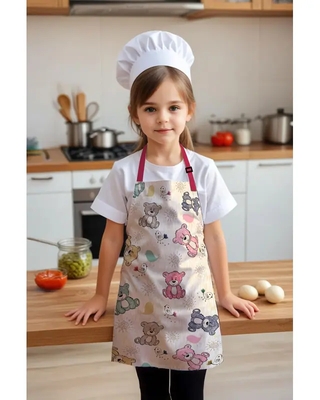 Children's Kitchen Apron, Activity Bib, Patterned Kitchen Apron, 55 cm Size 40 cm Width Children's Front - MTC-10 - 2