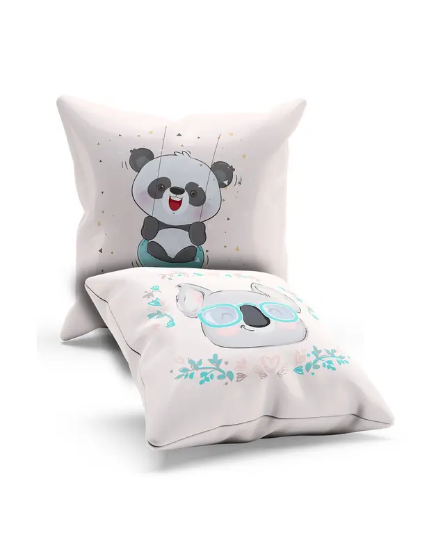 Çift Tarafı Baskılı Koala Panda Desenli Tekli Kırlent Kılıfı