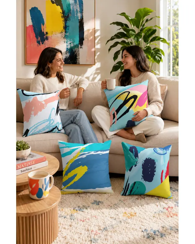 Double-Sided Printed Brush Art Pattern Set of 4 Coordinated Suede Cushion Cover - 2