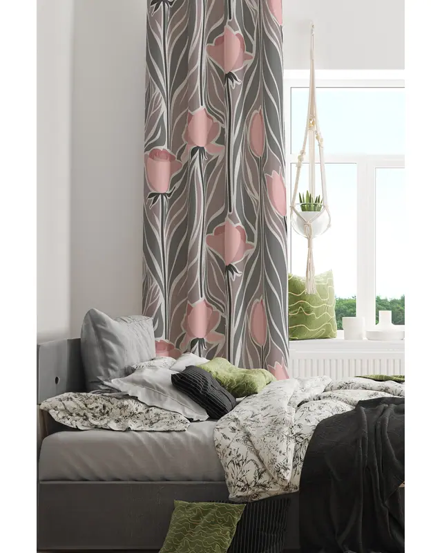 Mirror Flowers 1 Desenli Süet Oturma Odası Salon Fon Perde Baskılı Ekstrafor Büzgü TEK KANAT