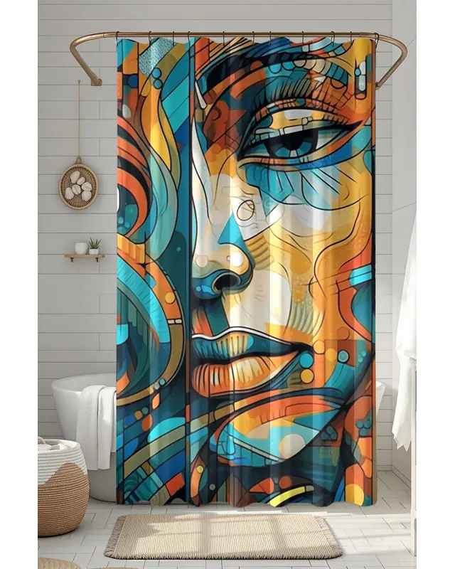 Banyo Perdesi, Renkli Yüz Desenli Duş Perdesi, Küvet Perdesi, Halka Hediyeli 175x200cm BP-43