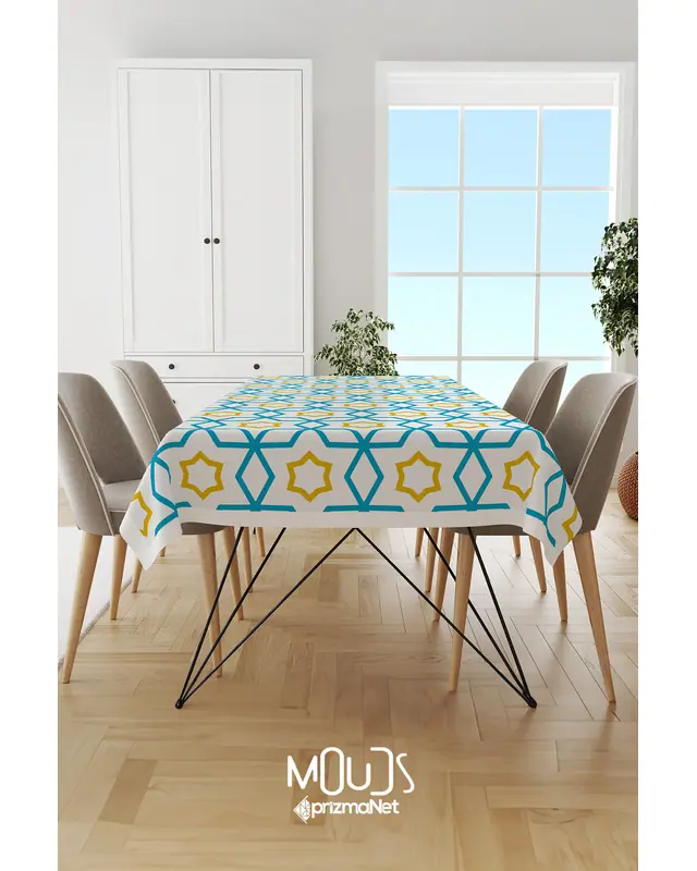 Blue Yellow Islamic Rectangular Easy-Care Suede-Feel Tablecloth - MS-218 - 3