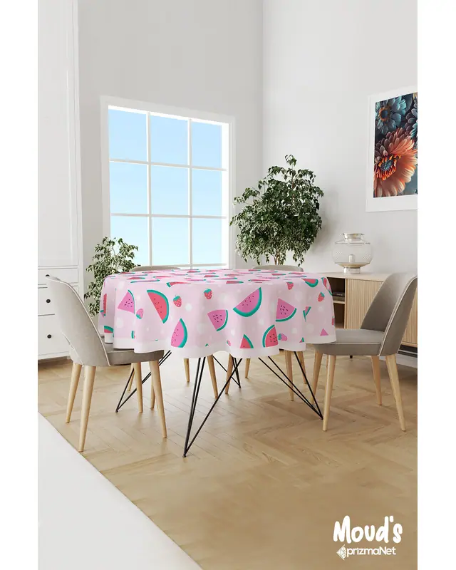 Pembe Karpuz Ve Çilek Desenli Yuvarlak Süet Dertsiz Masa Örtüsü